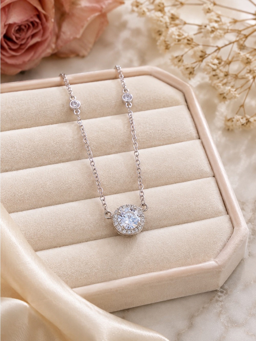 Silver-Tone Round Halo Crystal Station Necklace